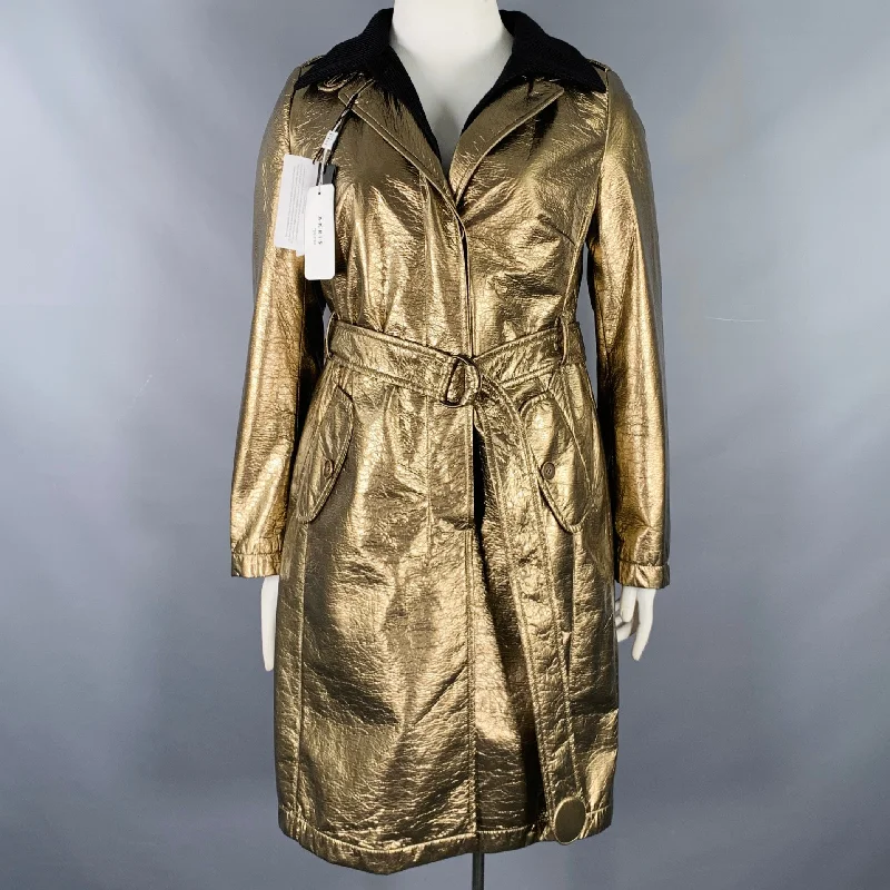 AKRIS Size 12 Gold Polyester Blend Metallic Trench Coat Jersey Tulle Batik