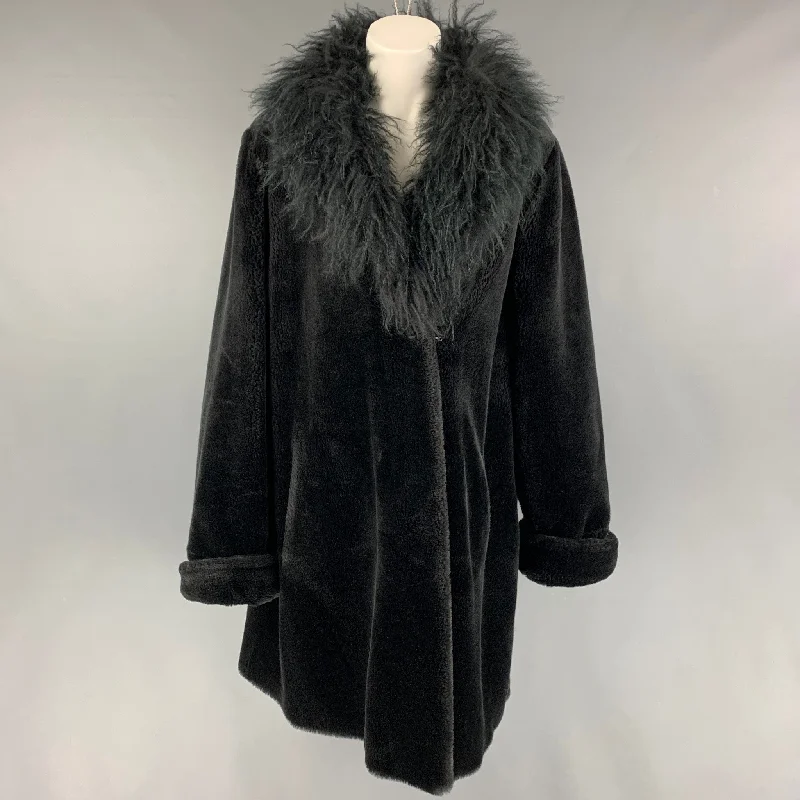 NEIMAN MARCUS Size M Black Modacrylic Faux Fur Notch Lapel Coat Solid Print Jacquard NEIMAN MARCUS Size M Black Modacrylic Faux Fur Notch Lapel Coat Solid Print Jacquard