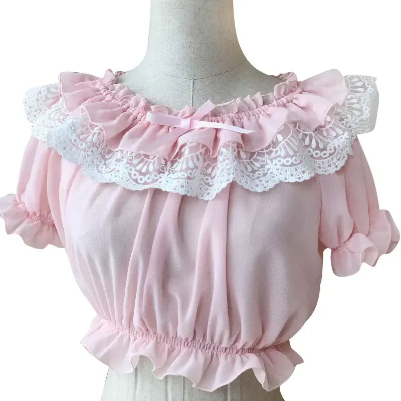 Womens Chiffon Crop Top Summer Short Sleeve Blouse with Lace Detailing Chenille Brocade Lace Womens Chiffon Crop Top Summer Short Sleeve Blouse with Lace Detailing Chenille Brocade Lace