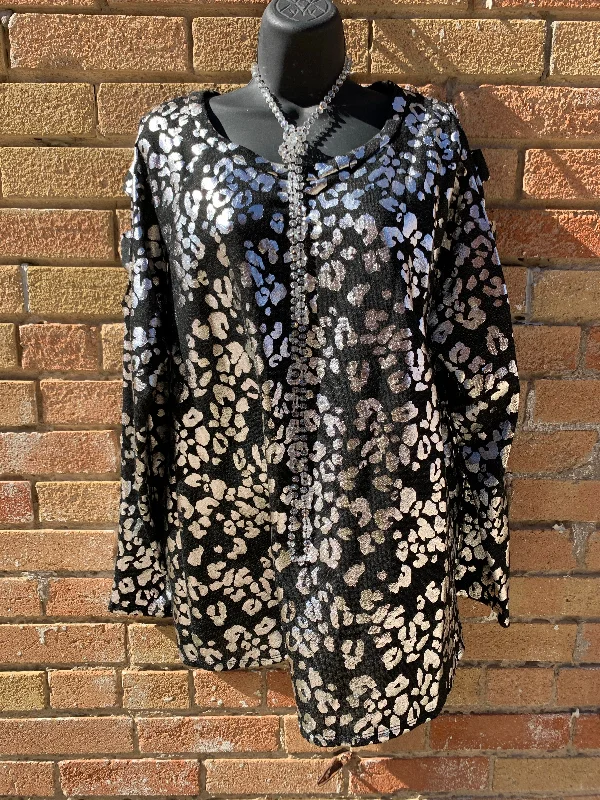 Black Metallic Leopard Sweatshirt Hoodie with Frayed Bohemian Relaxed