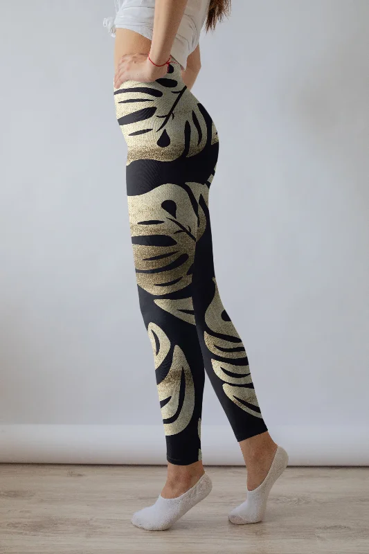 High Waist Navy Gold Palm Leaf Leggings Chic Floral Print Leggings