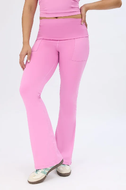 Super Smooth Fold-Over Flare Pocket Leggings Stylish Stretch-Waist Leggings
