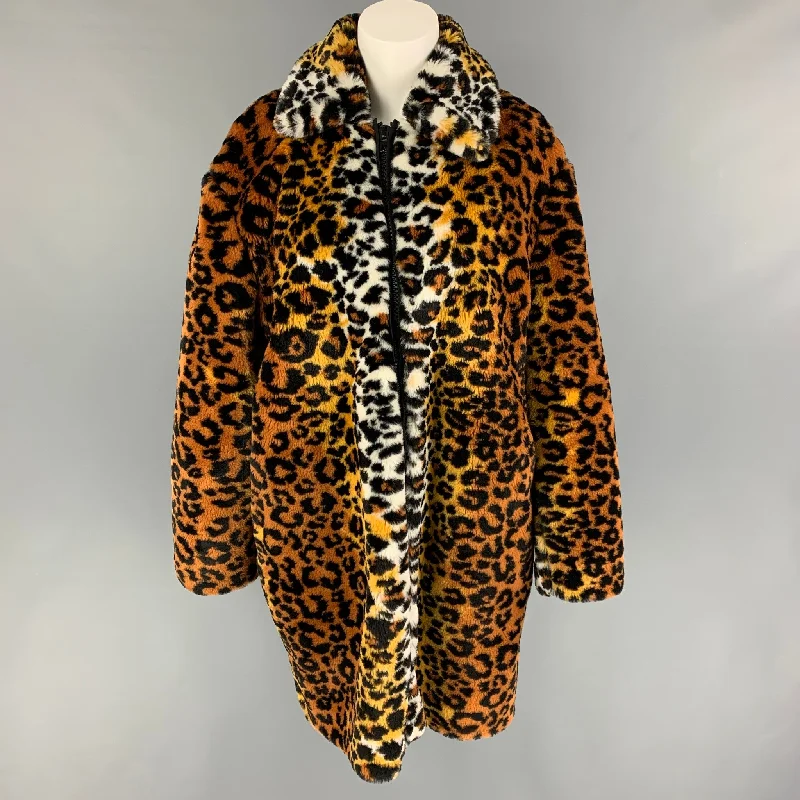 MOSCHINO Size M Brown Black White Modacrylic Blend Animal Print Coat Welt Pockets Slit Pockets Flap Pockets MOSCHINO Size M Brown Black White Modacrylic Blend Animal Print Coat Welt Pockets Slit Pockets Flap Pockets