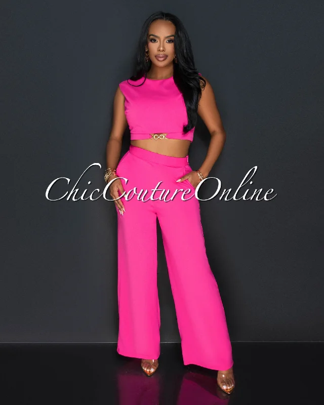 Kalia Fuchsia Gold Accent Crop Top & Wide Pants Set Elasticated Padded Insulated