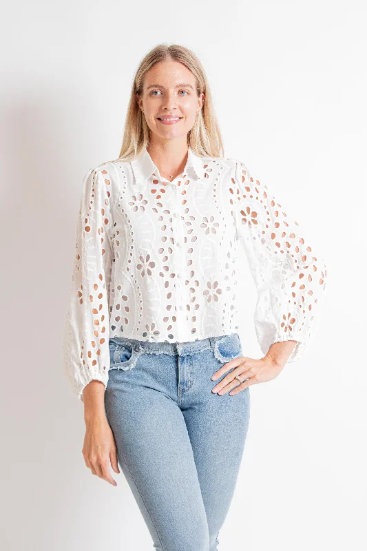White Eyelet Long Sleeve Crop Top Hooded Caped Shawl Collar