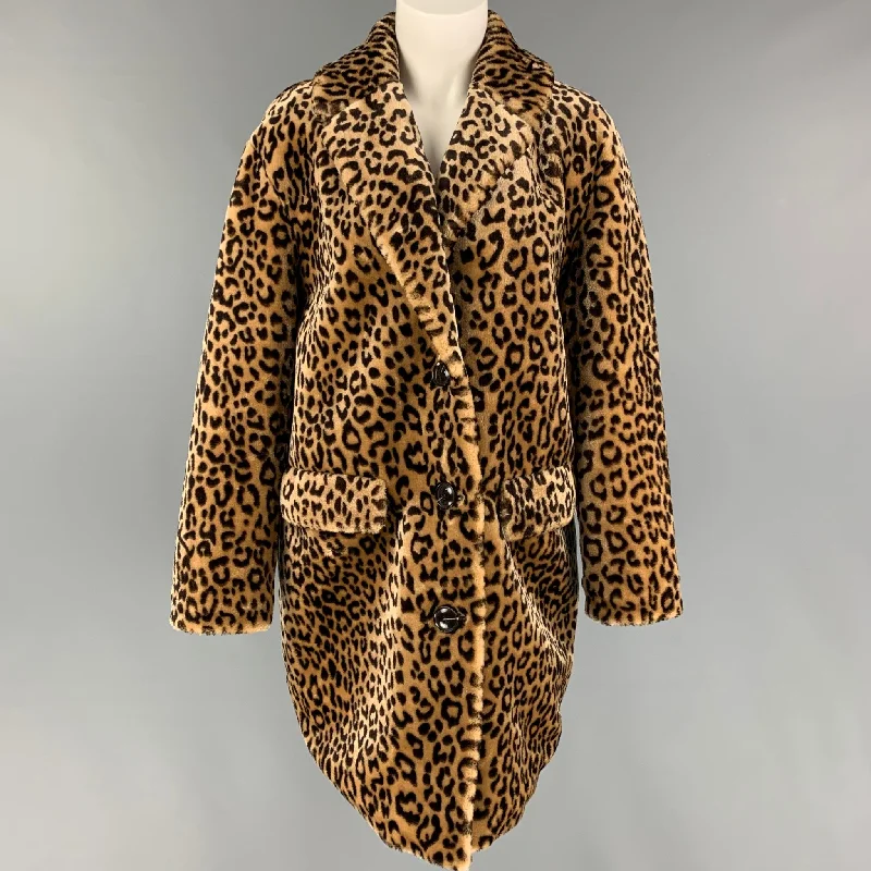 ALLEN SCHWARTZ Size XS Tan Brown Animal Print Faux Fur Notch Lapel Coat Nylon Polyester Spandex ALLEN SCHWARTZ Size XS Tan Brown Animal Print Faux Fur Notch Lapel Coat Nylon Polyester Spandex