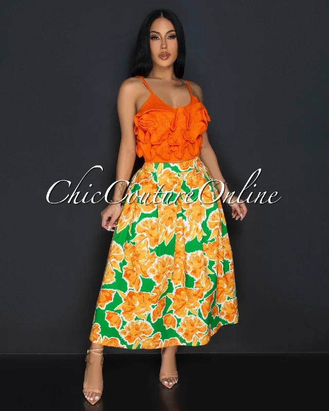 Safia Tangerine Green Crochet Crop Top & Flared Skirt Set Sequined Glittery Shiny