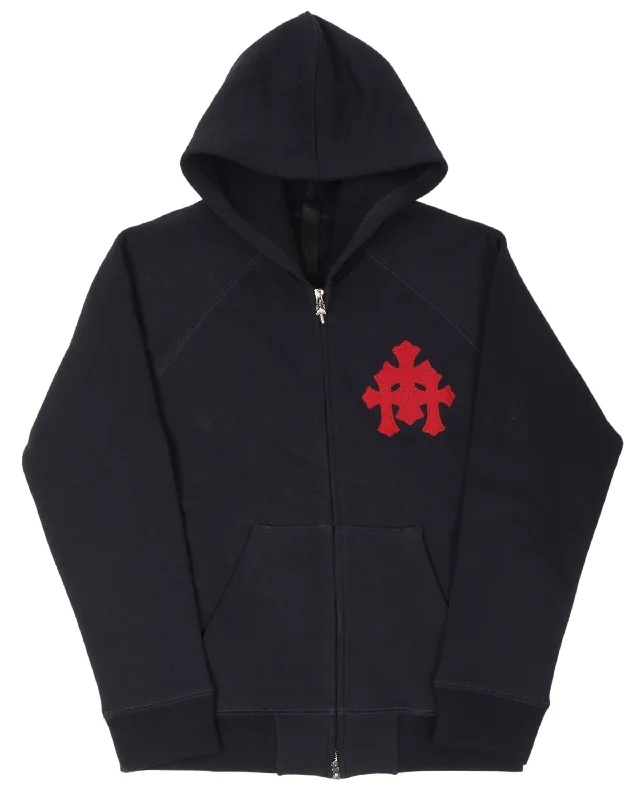 Cross Patch Zip-Up Hoodie Hoodie with Elastic Waist Stretchable Comfortable