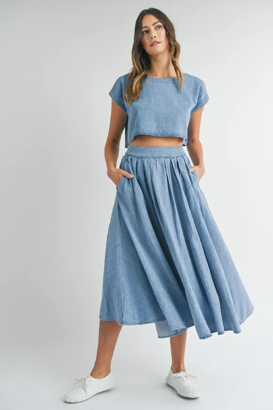 Blue Highway Denim Crop Top and Midi Skirt Silk Blend Satin Velvet
