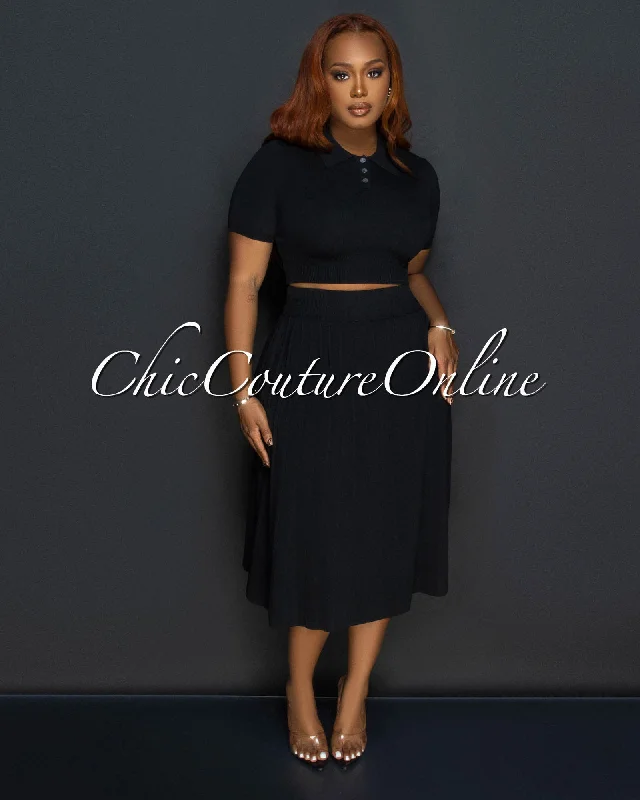 Senna Black Tennis Crop Top & Skirt Set Mesh Blend Leather Blend Suede Blend