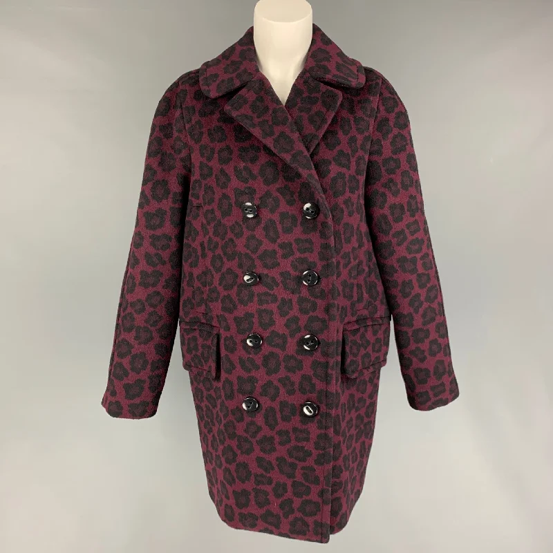 COACH Size M Burgundy Black Wool Blend Animal Print Double Breasted Coat Cardigan Sweater Pullover