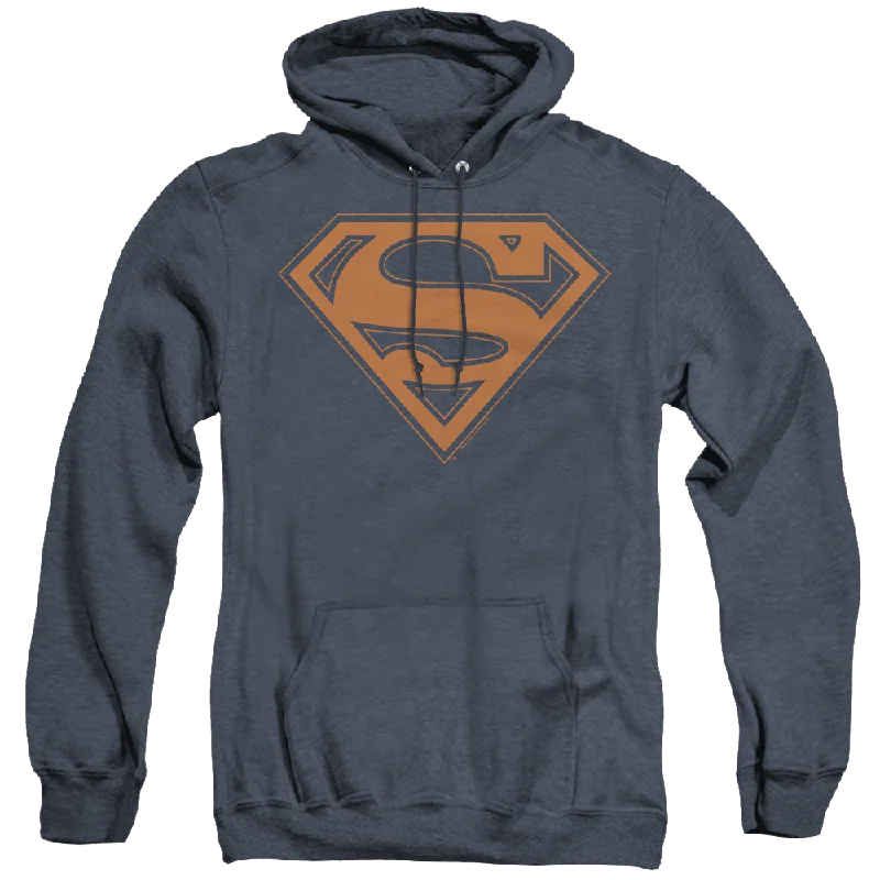Superman Navy & Orange Shield - Heather Pullover Hoodie Lantern Sleeve Elegant