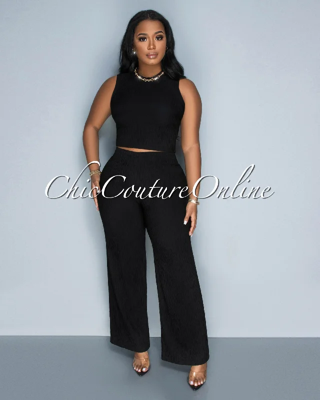 Katye Black Front Crop Top & Wide Pants Textured Set Machine Wash Dry Clean Hand Wash Katye Black Front Crop Top & Wide Pants Textured Set Machine Wash Dry Clean Hand Wash