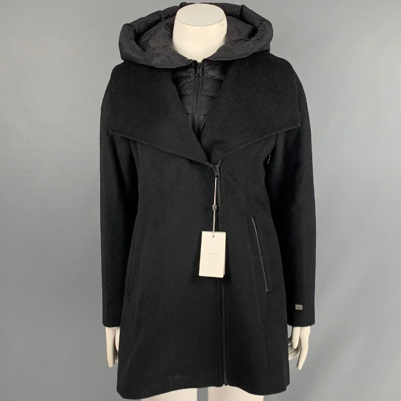 SOIA & KYO Size XL Black Wool Polyester Detachable Hood Coat Boat Neck Jacket Square Neck Jacket One-Shoulder Jacket SOIA & KYO Size XL Black Wool Polyester Detachable Hood Coat Boat Neck Jacket Square Neck Jacket One-Shoulder Jacket