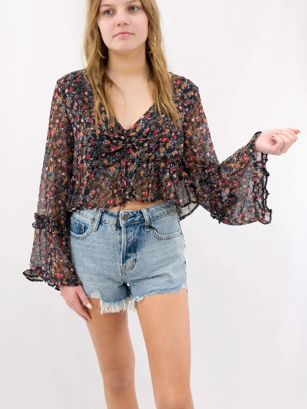 V-Neck Floral Bell Sleeve Crop Top Cashmere Blend Cotton Blend Poly Blend