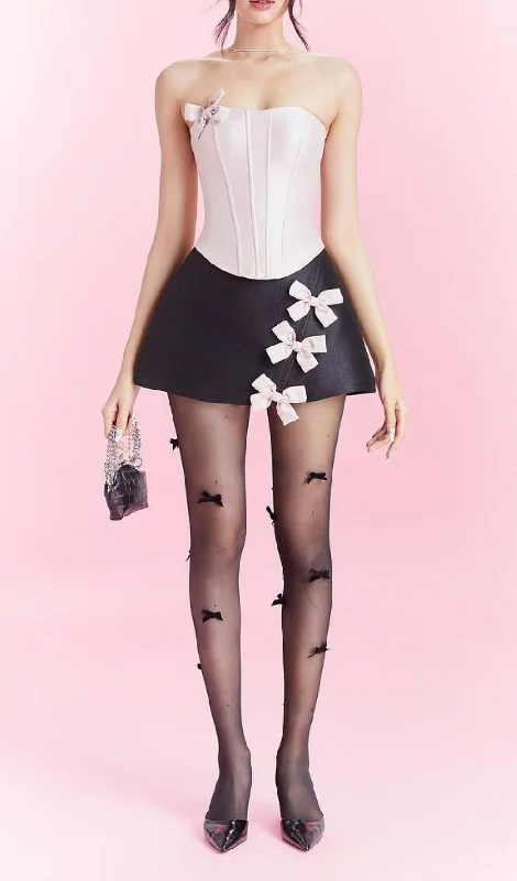 STRAPLESS CROP TOP WITH BOW EMBELLISHED SKIRT Spandex Blend Rayon Blend Denim Blend
