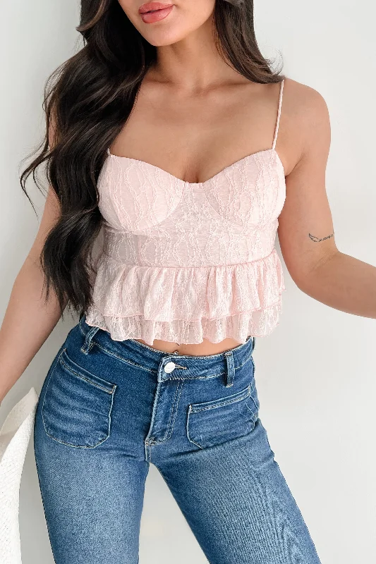 Garden Of Love Lace Peplum Crop Top (Blush) Knit Fabric Woven Fabric Fleece Fabric