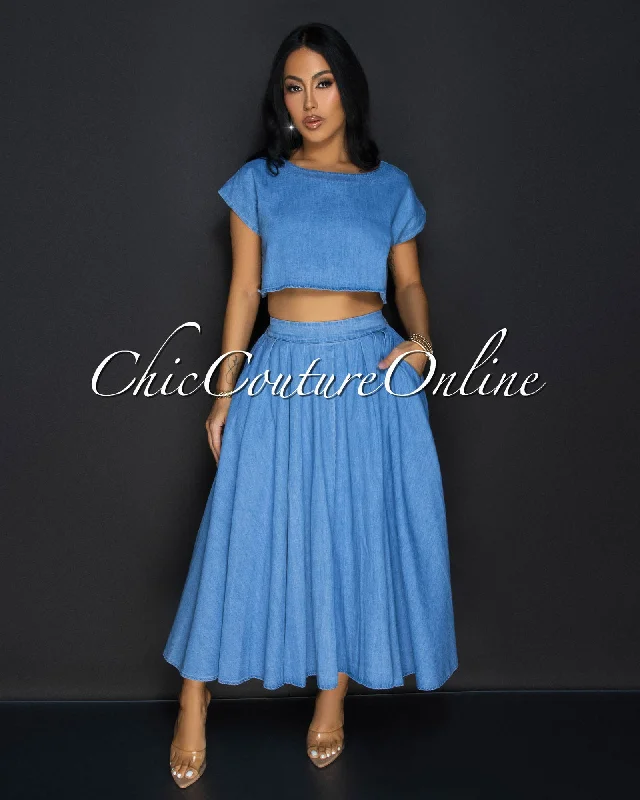 Desideria Light Denim Crop Top & Maxi Skirt Set Real Fur Shearling Chenille