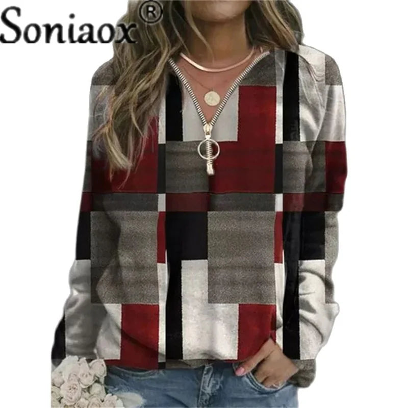 2021 Autumn Women Sweatshirts Loose Casual V Neck Zipper Long Sleeve Plaid Top Pullover Streetwear Ladies Fashion Ladies Hoodies Deep Neck Pullover