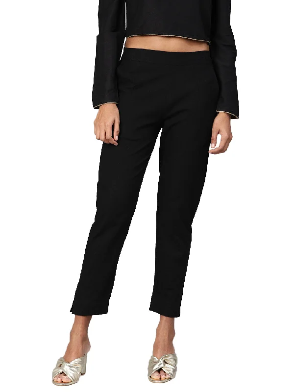 Divena Women Black Straight Fit Solid Regular Trousers Trousers Tapered Slim Fit