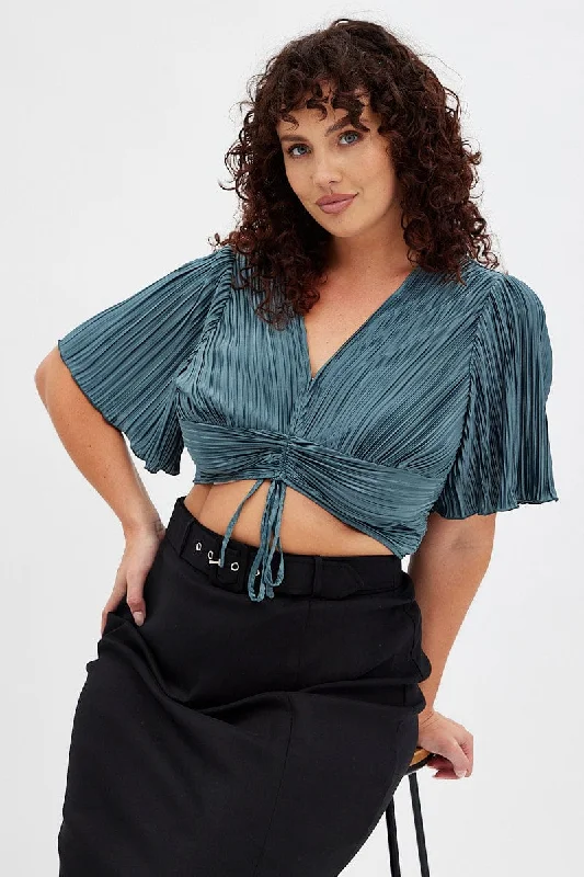 Green Crop Top Short Sleeve V-neck Ruched Front Plisse Spandex Blend Rayon Blend Denim Blend Green Crop Top Short Sleeve V-neck Ruched Front Plisse Spandex Blend Rayon Blend Denim Blend
