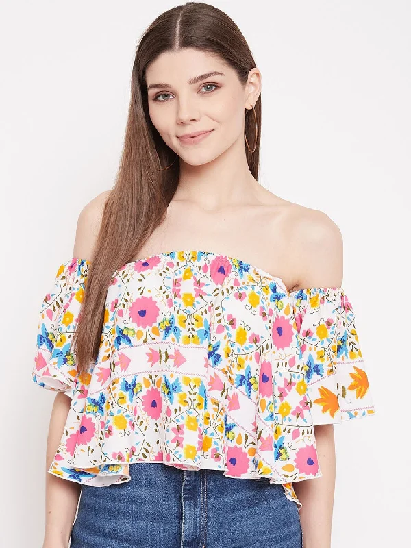 Berrylush Women White Floral Print Off-The-Shoulder Crop Top Collared Crew Neck Turtle Neck Berrylush Women White Floral Print Off-The-Shoulder Crop Top Collared Crew Neck Turtle Neck