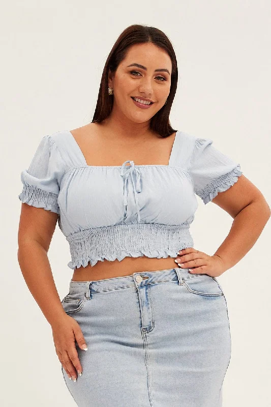 Blue Crop Top Short Sleeve Square Neck Ruched Bust Lace Blend Ribbed Blend Corduroy Blend Blue Crop Top Short Sleeve Square Neck Ruched Bust Lace Blend Ribbed Blend Corduroy Blend