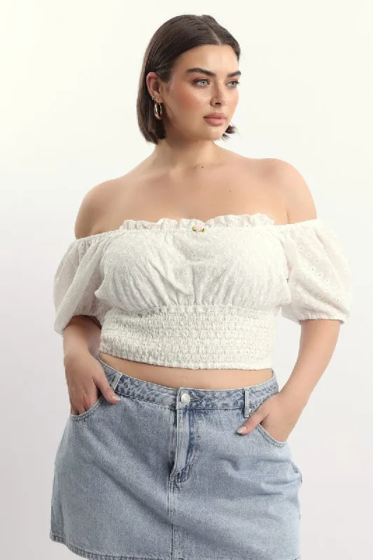 White Crop Top Short Sleeve Broderie Mesh Fabric Canvas Fabric Denim Fabric