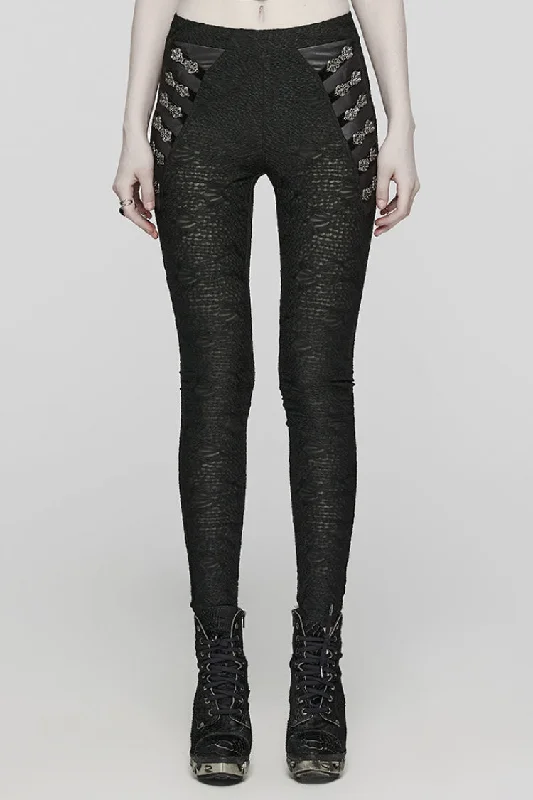 Black Print Slim Mesh Button Decoration Women's Gothic Leggings Elegant Animal Print Leggings Black Print Slim Mesh Button Decoration Women's Gothic Leggings Elegant Animal Print Leggings