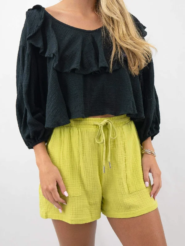 Black Ruffle 3/4 Sleeve Crop Top Striped Floral Plaid