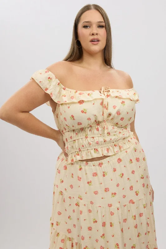 Pink Floral Crop Top Off Shoulder Wool Fabric Cashmere Fabric Tweed Fabric
