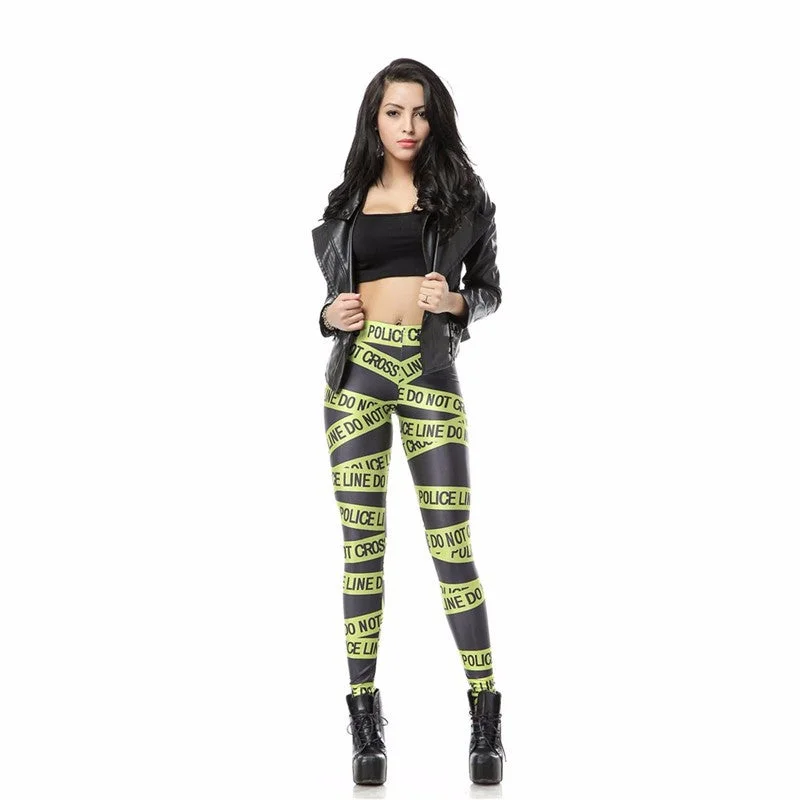 Police Line Printed Leggings Trendy Mesh Leggings
