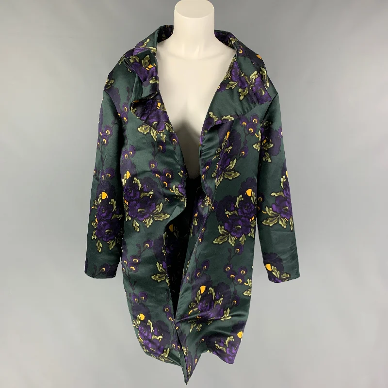MARNI Size 2 Dark Green Purple Yellow Silk Floral Open Front Coat Quilted Jacket Anorak Windbreaker MARNI Size 2 Dark Green Purple Yellow Silk Floral Open Front Coat Quilted Jacket Anorak Windbreaker