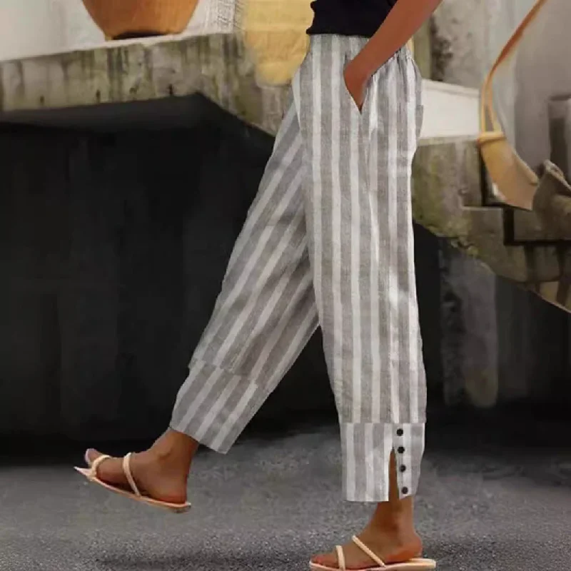 Women's Casual Striped Trousers With Decorative Buttons Trousers Striped Patterned