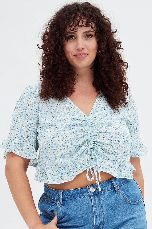 Blue Ditsy Crop Top Short Sleeve Ruched Front Mesh Blend Leather Blend Suede Blend