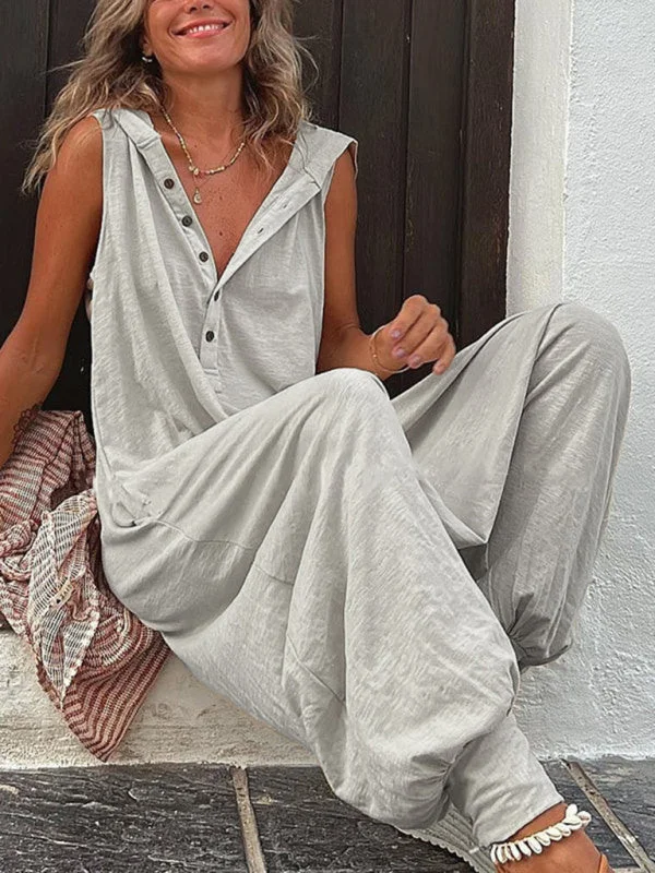 Blue Zone Planet | Solid Color Button Hooded Sleeveless Trousers Jumpsuit Trousers Winter Warm Blue Zone Planet | Solid Color Button Hooded Sleeveless Trousers Jumpsuit Trousers Winter Warm