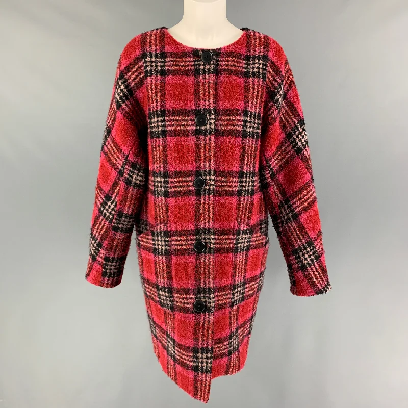 KATE SPADE Size M Red Black Wool Blend Plaid Collarless Coat Houndstooth Coat Plaid Coat Tartan Coat KATE SPADE Size M Red Black Wool Blend Plaid Collarless Coat Houndstooth Coat Plaid Coat Tartan Coat