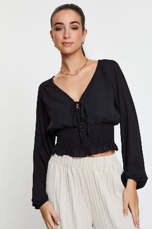 Black Crop Top Long Sleeve V-Neck Fleece Nylon Spandex