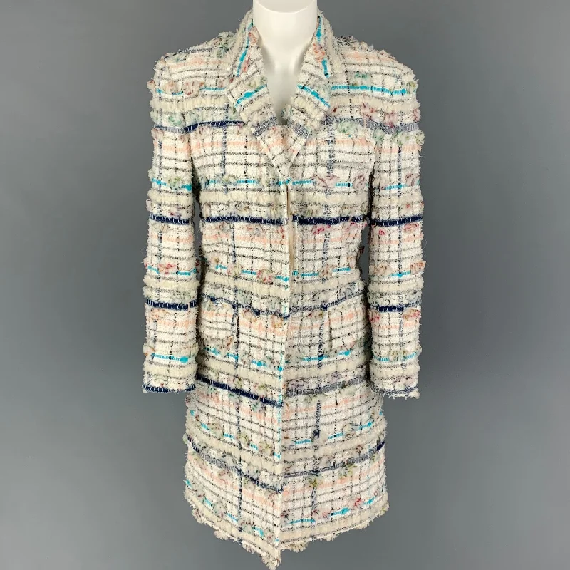 THOM BROWNE Size 4 White Multi-Color Textured Single breasted Coat Zip Front Button Front Snap Front THOM BROWNE Size 4 White Multi-Color Textured Single breasted Coat Zip Front Button Front Snap Front