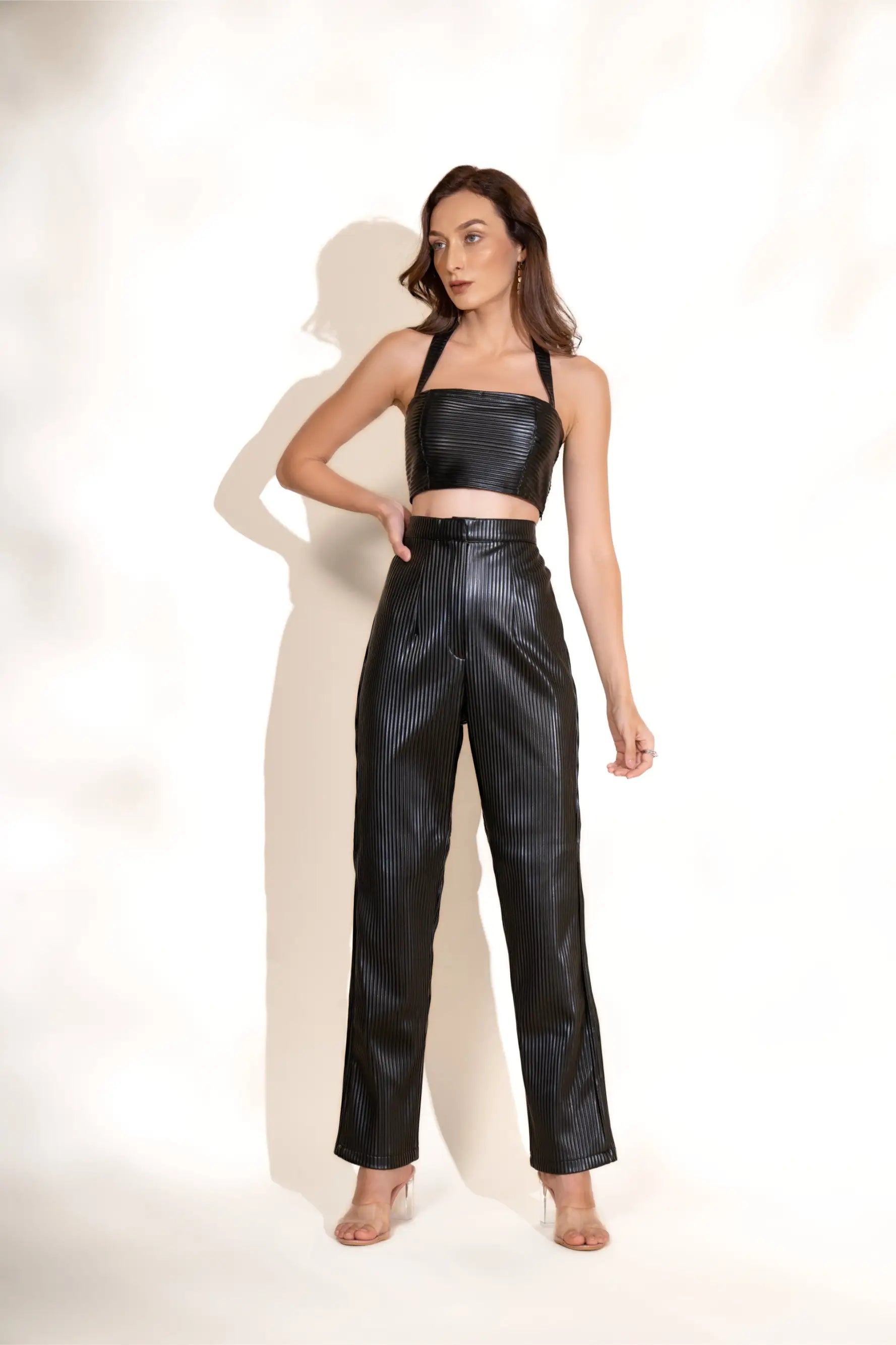 Black Pleated Leather Crop Top and Pants Co-ord Set Lace Blend Ribbed Blend Corduroy Blend Black Pleated Leather Crop Top and Pants Co-ord Set Lace Blend Ribbed Blend Corduroy Blend