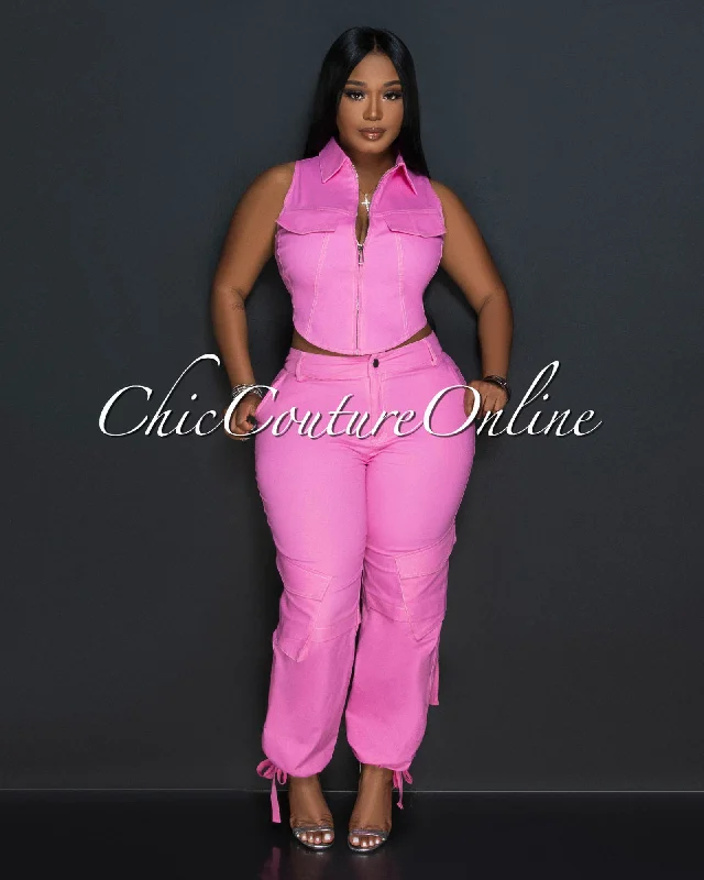 Rubia Pink Crop Top & Cargo Pants Set Welt Pockets Slit Pockets Flap Pockets