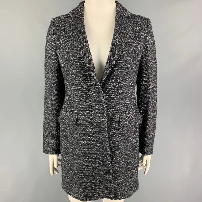 SEE By Chloe Size 10 Grey Black Cotton Blend Herringbone Hidden Buttons Coat Mesh Canvas Denim SEE By Chloe Size 10 Grey Black Cotton Blend Herringbone Hidden Buttons Coat Mesh Canvas Denim