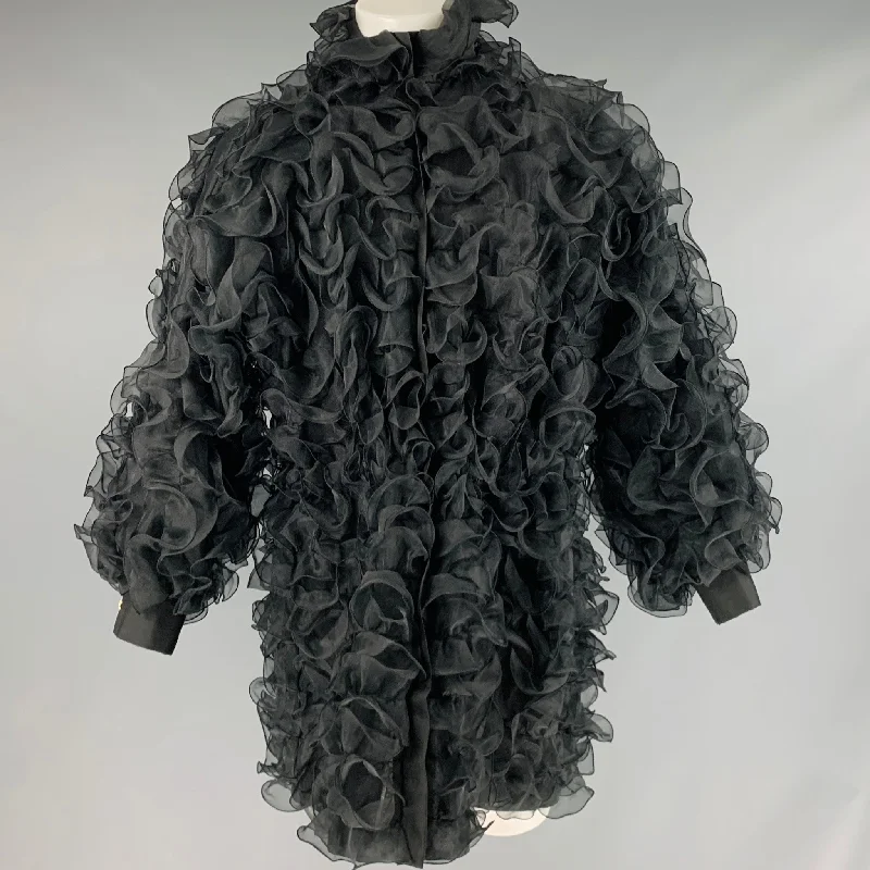 EMPORIO ARMANI Size S Black Polyester Ruffled Zip Up Coat Crew Neck V-Neck Boat Neck EMPORIO ARMANI Size S Black Polyester Ruffled Zip Up Coat Crew Neck V-Neck Boat Neck