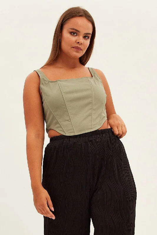 Green Crop Top Sleeveless Corset Terry Blend Velvet Blend Canvas Blend
