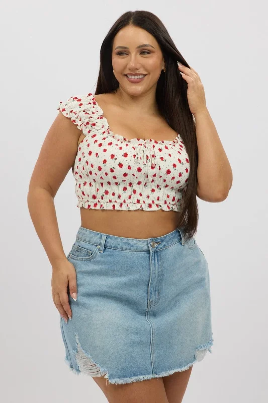 White Ditsy Crop Top Short Sleeve Ruched Bust Satin Fabric Silk Fabric Chiffon Fabric White Ditsy Crop Top Short Sleeve Ruched Bust Satin Fabric Silk Fabric Chiffon Fabric
