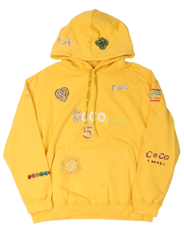 Pharell Embroidered Logo Hoodie Hoodie with Frayed Bohemian Relaxed