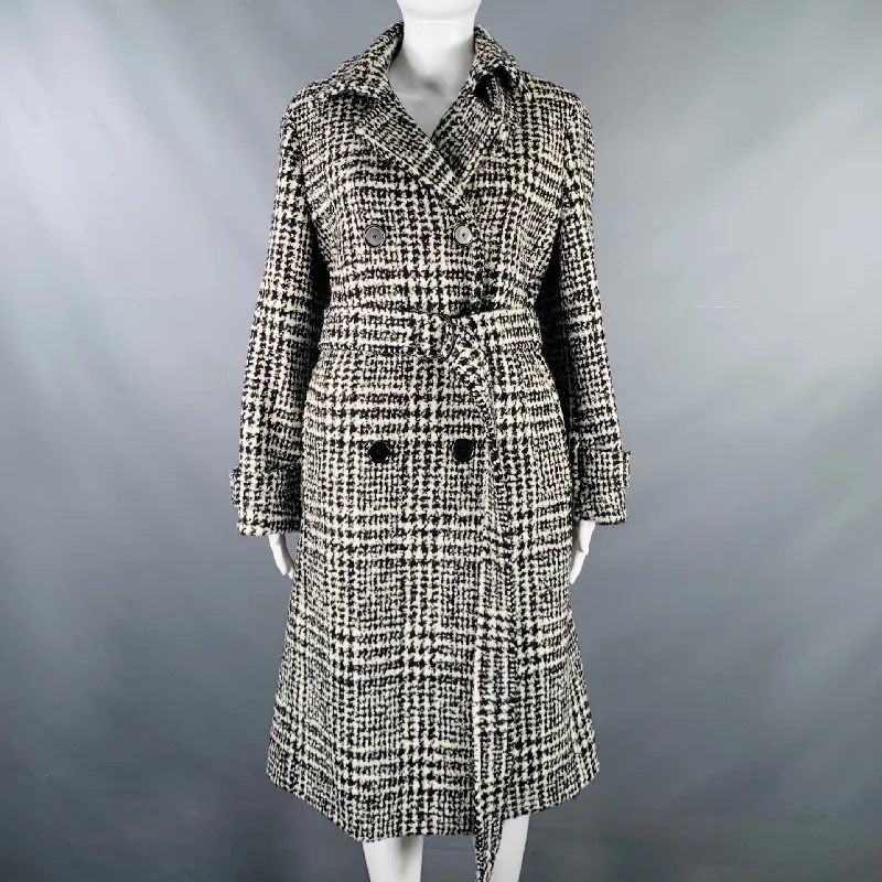 AKRIS Size 8 Black White Wool Blend Plaid Trench Coat Solid Print Jacquard