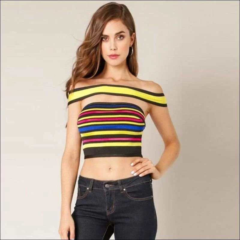 Winnal Women's Rainbow Striped Off Shuolder Bandage Bardot Neck Crop Tops Asymmetrical Pockets Print Winnal Women's Rainbow Striped Off Shuolder Bandage Bardot Neck Crop Tops Asymmetrical Pockets Print