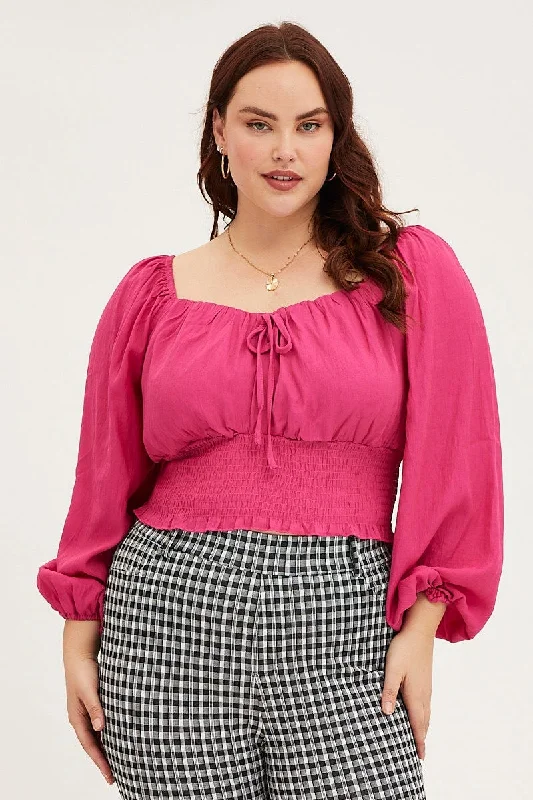 Pink Crop Top Long Sleeve Shirred Notch Collar Peter Pan Collar Cowl Neck