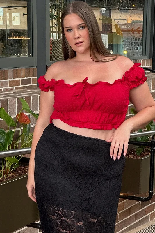 Red Crop Top Short Sleeve Ruched Bust Welt Pockets Slit Pockets Flap Pockets